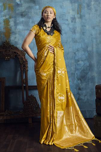 Golden pure satin with handloom weaving silk blend saree festival wear saree