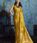 Golden pure satin with handloom weaving silk blend saree festival wear saree
