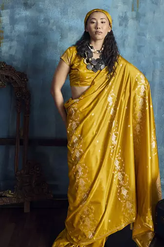 Golden pure satin with handloom weaving silk blend saree festival wear saree