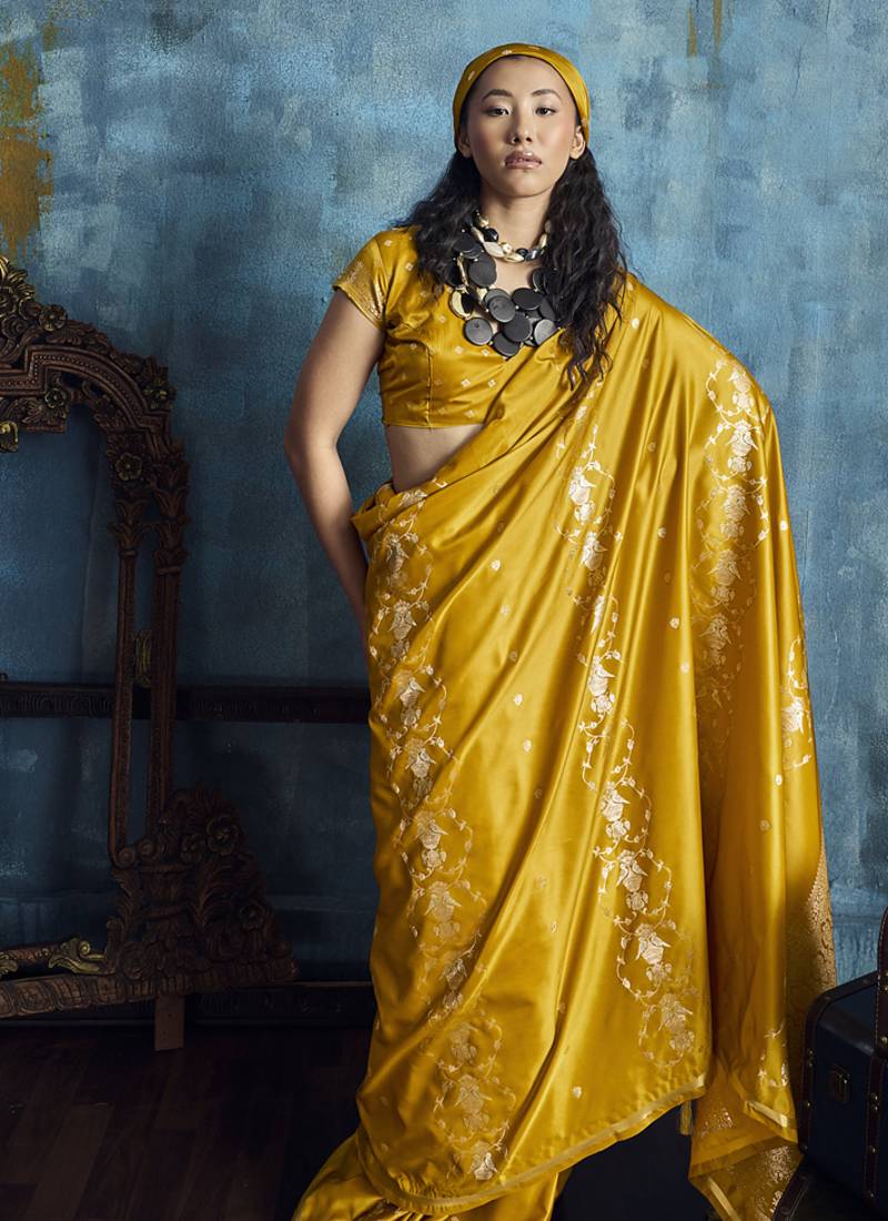 Golden pure satin with handloom weaving silk blend saree festival wear saree
