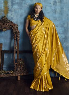 Golden pure satin with handloom weaving silk blend saree festival wear saree 3