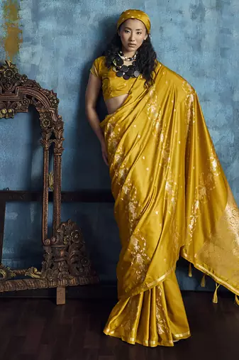 Golden pure satin with handloom weaving silk blend saree festival wear saree