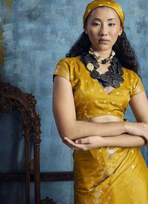 Golden pure satin with handloom weaving silk blend saree festival wear saree 4