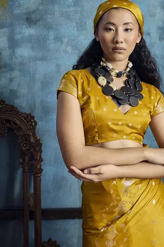 Golden pure satin with handloom weaving silk blend saree festival wear saree