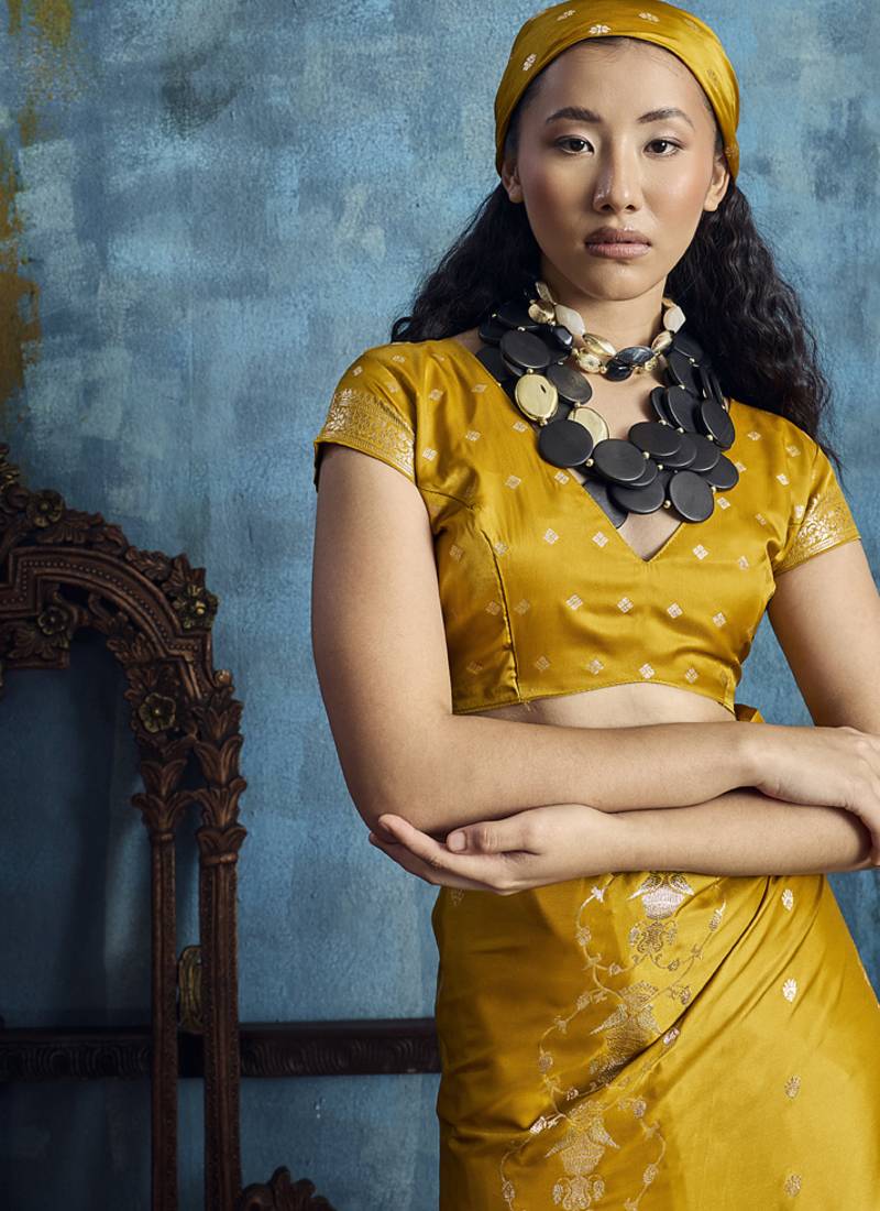 Golden pure satin with handloom weaving silk blend saree festival wear saree