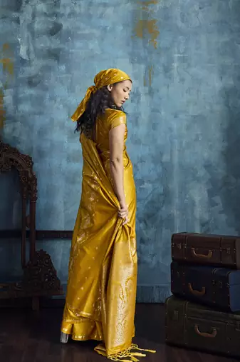 Golden pure satin with handloom weaving silk blend saree festival wear saree