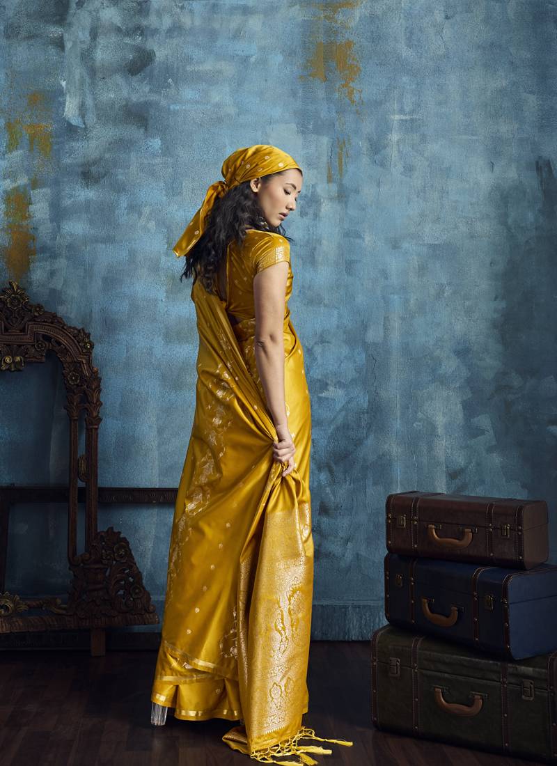 Golden pure satin with handloom weaving silk blend saree festival wear saree