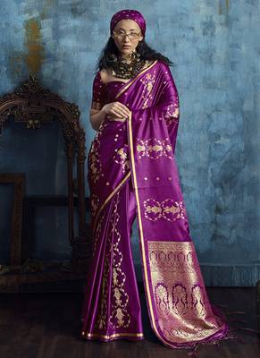 Magenta pure satin with handloom weaving silk blend saree festival wear saree 1