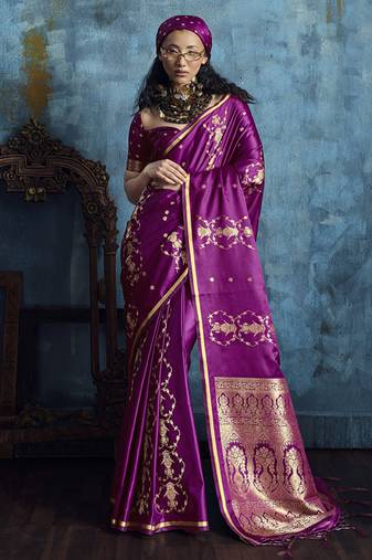 Magenta pure satin with handloom weaving silk blend saree festival wear saree