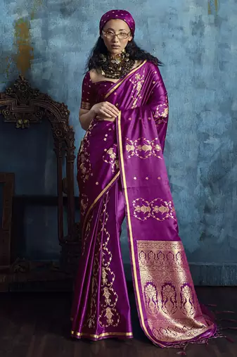 Magenta pure satin with handloom weaving silk blend saree festival wear saree