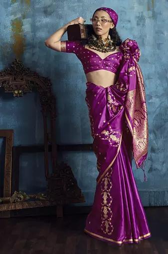 Magenta pure satin with handloom weaving silk blend saree festival wear saree