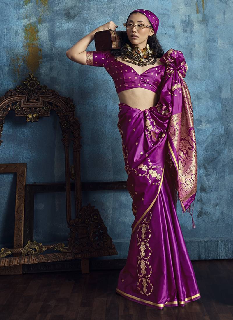 Magenta pure satin with handloom weaving silk blend saree festival wear saree