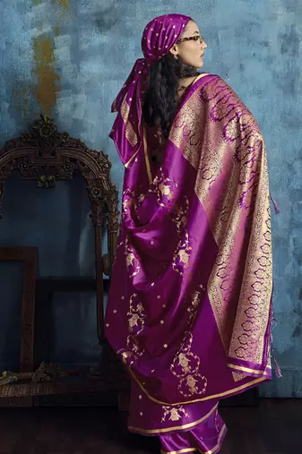 Magenta pure satin with handloom weaving silk blend saree festival wear saree