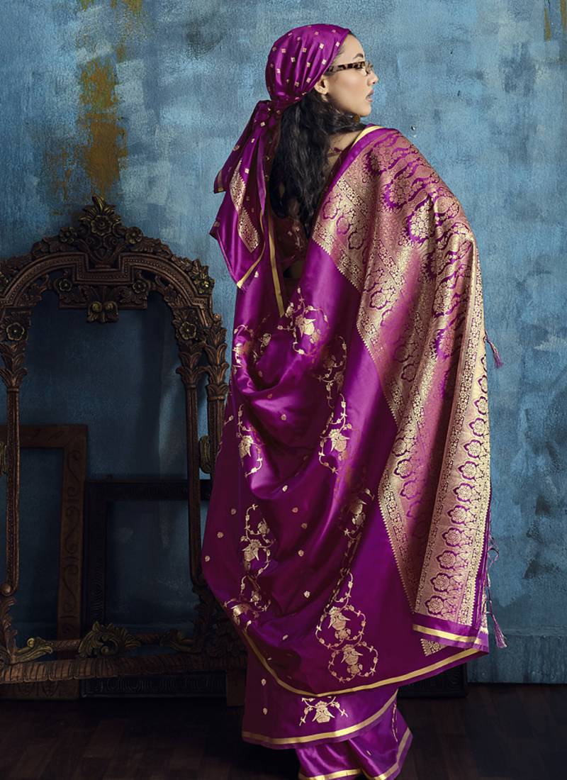 Magenta pure satin with handloom weaving silk blend saree festival wear saree
