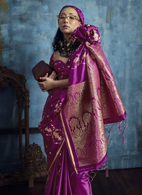 Magenta pure satin with handloom weaving silk blend saree festival wear saree 5