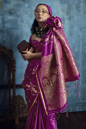 Magenta pure satin with handloom weaving silk blend saree festival wear saree