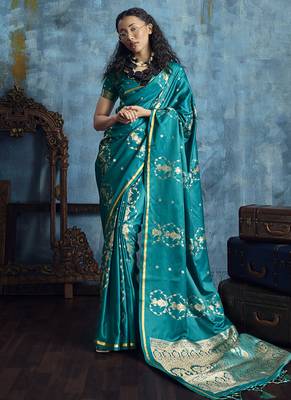 Teal blue pure satin with handloom weaving silk blend saree festival wear saree 1