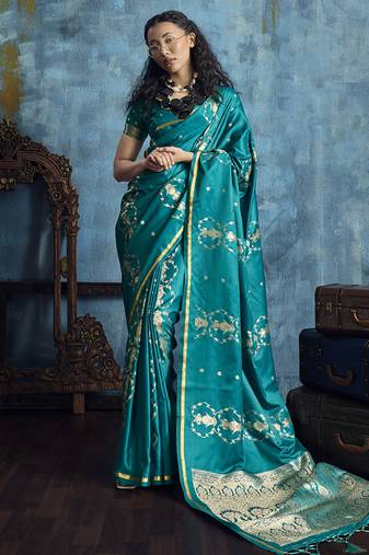 Teal blue pure satin with handloom weaving silk blend saree festival wear saree