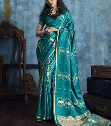 Teal blue pure satin with handloom weaving silk blend saree festival wear saree