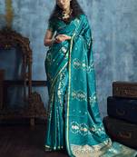 Teal blue pure satin with handloom weaving silk blend saree festival wear saree
