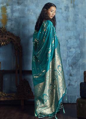 Teal blue pure satin with handloom weaving silk blend saree festival wear saree 2