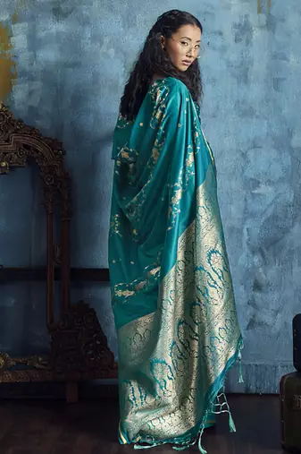 Teal blue pure satin with handloom weaving silk blend saree festival wear saree