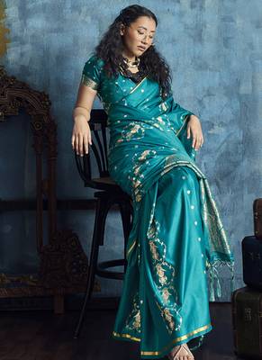 Teal blue pure satin with handloom weaving silk blend saree festival wear saree 3