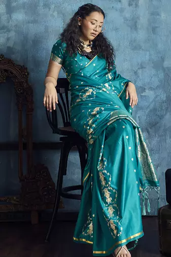 Teal blue pure satin with handloom weaving silk blend saree festival wear saree