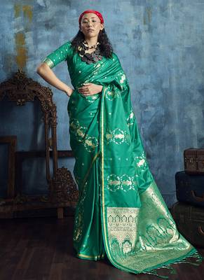 Peacock green pure satin with handloom weaving silk blend saree festival wear saree 1