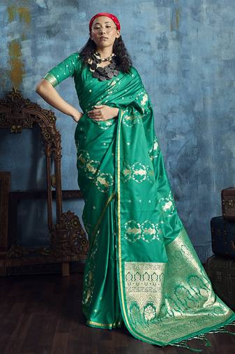 Peacock green pure satin with handloom weaving silk blend saree festival wear saree