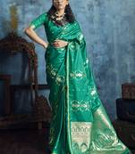 Peacock green pure satin with handloom weaving silk blend saree festival wear saree
