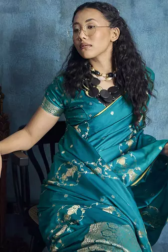 Teal blue pure satin with handloom weaving silk blend saree festival wear saree