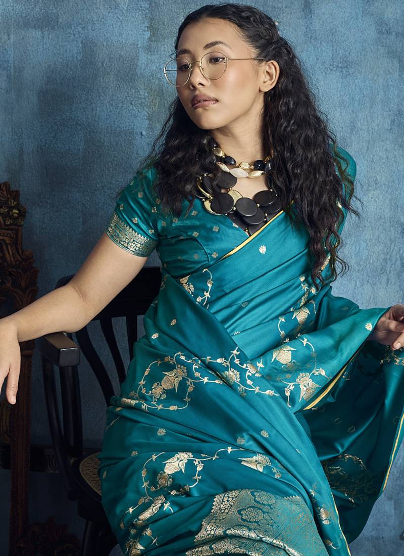 Teal blue pure satin with handloom weaving silk blend saree festival wear saree