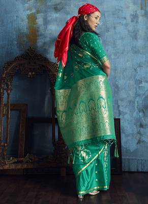 Peacock green pure satin with handloom weaving silk blend saree festival wear saree 2
