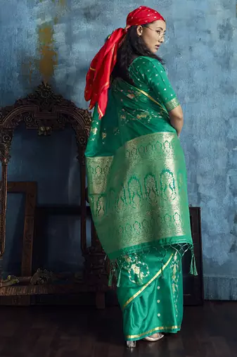 Peacock green pure satin with handloom weaving silk blend saree festival wear saree