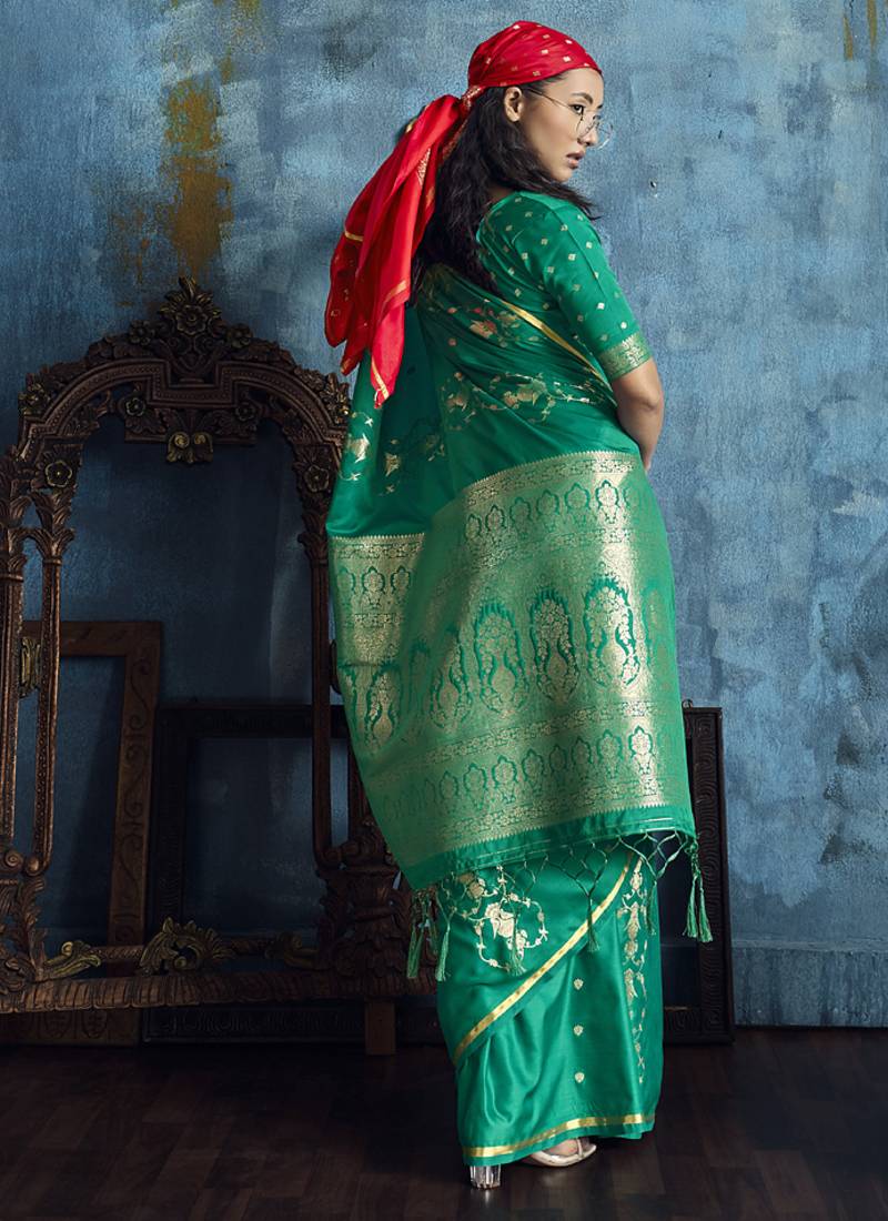 Peacock green pure satin with handloom weaving silk blend saree festival wear saree