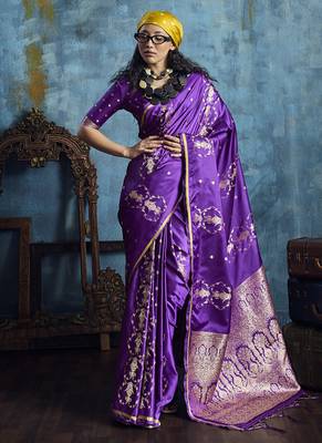 Purple pure satin with handloom weaving silk blend saree festival wear saree 1