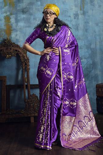 Purple pure satin with handloom weaving silk blend saree festival wear saree