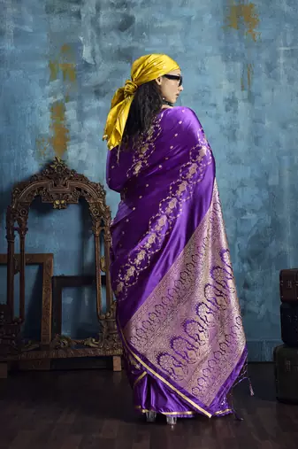 Purple pure satin with handloom weaving silk blend saree festival wear saree