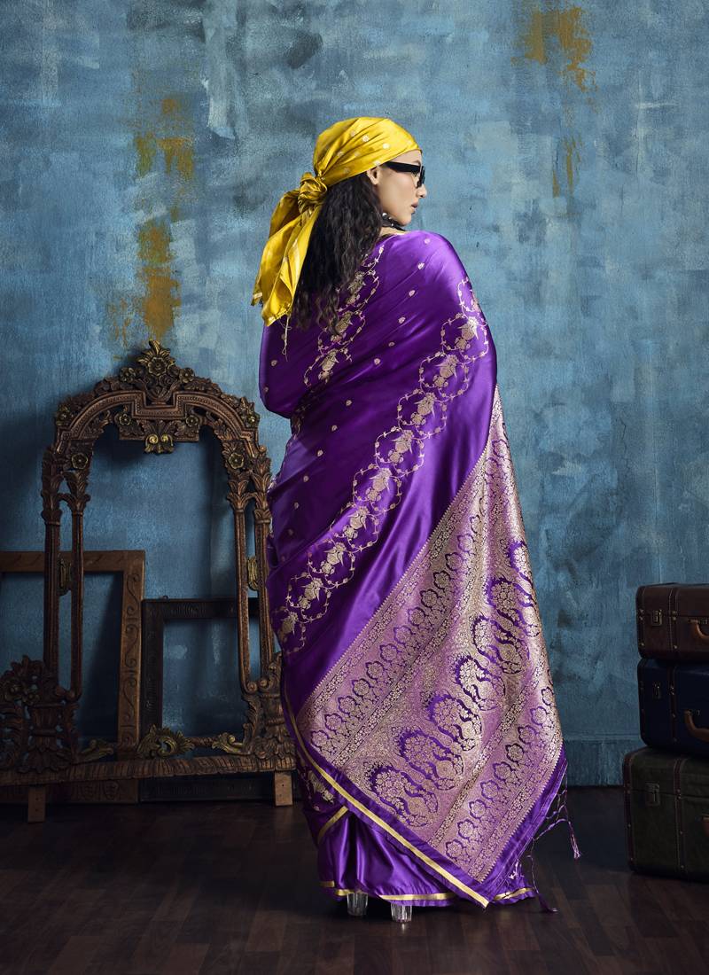 Purple pure satin with handloom weaving silk blend saree festival wear saree