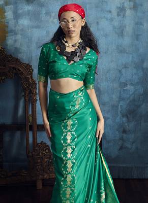 Peacock green pure satin with handloom weaving silk blend saree festival wear saree 3