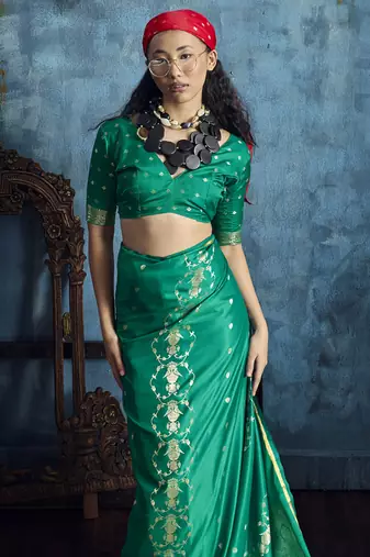 Peacock green pure satin with handloom weaving silk blend saree festival wear saree