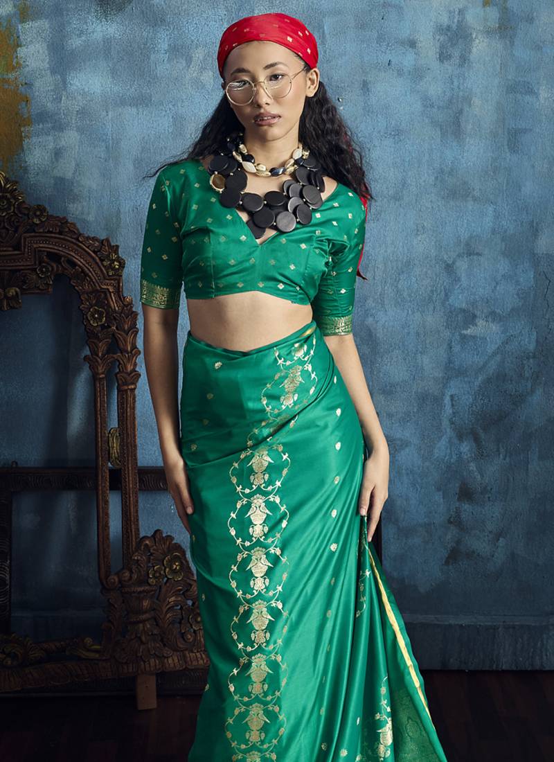 Peacock green pure satin with handloom weaving silk blend saree festival wear saree