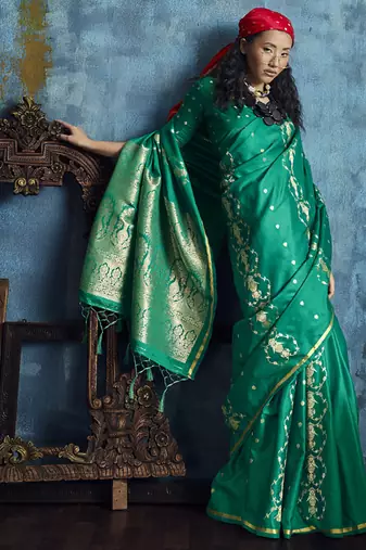 Peacock green pure satin with handloom weaving silk blend saree festival wear saree
