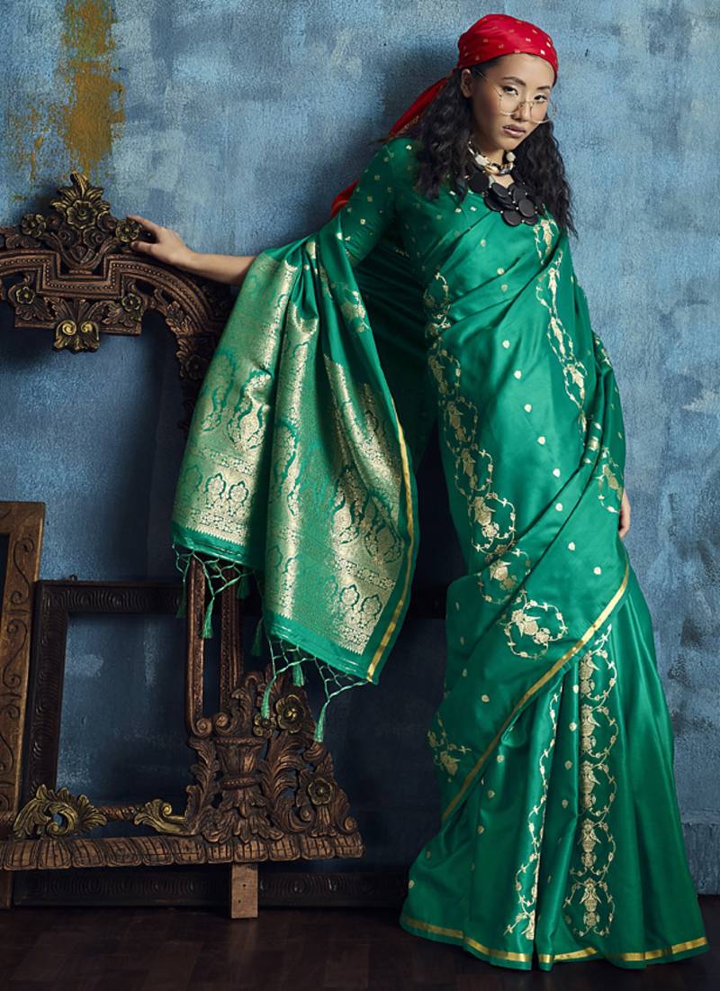 Peacock green pure satin with handloom weaving silk blend saree festival wear saree