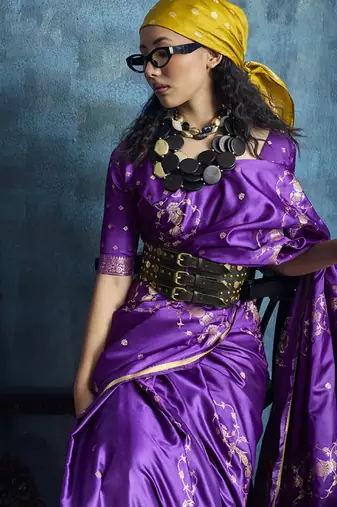 Purple pure satin with handloom weaving silk blend saree festival wear saree
