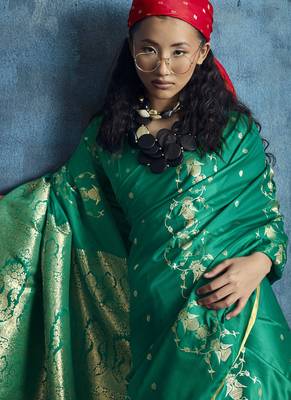 Peacock green pure satin with handloom weaving silk blend saree festival wear saree 5