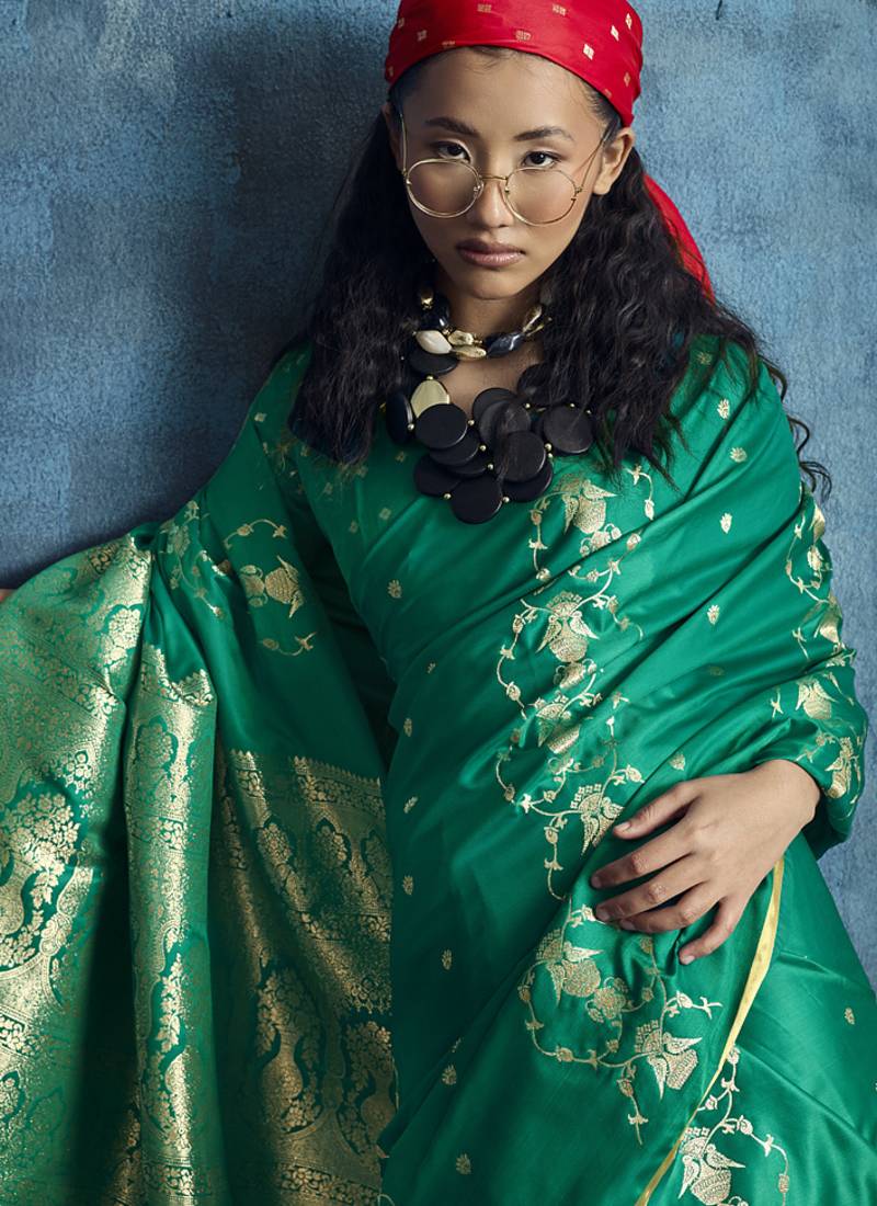 Peacock green pure satin with handloom weaving silk blend saree festival wear saree