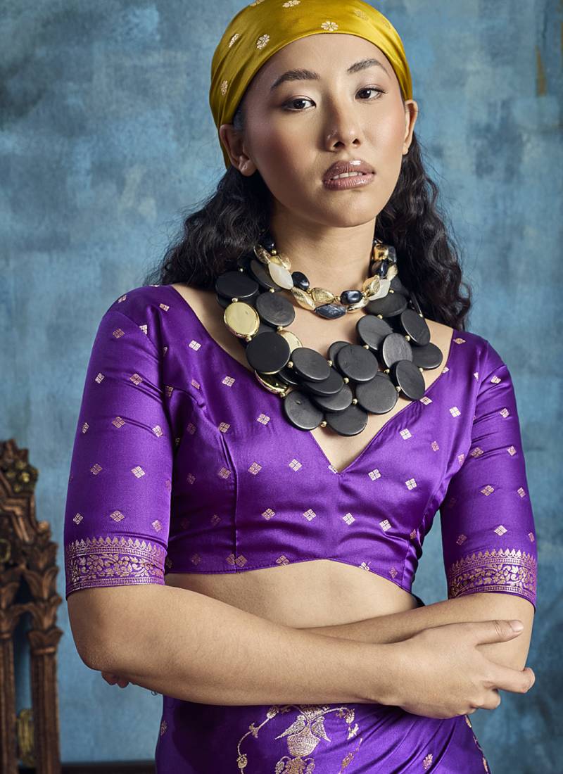 Purple pure satin with handloom weaving silk blend saree festival wear saree