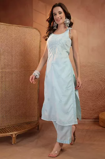  women ethnic motifs embroidered regular chikankari  cotton kurta with palazzos